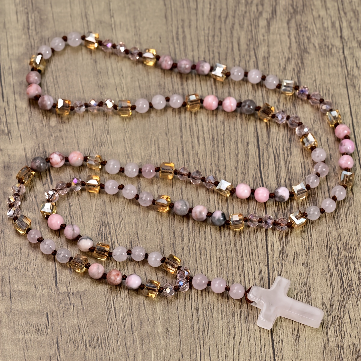 Tiger Eye & Sodalite Cross Necklace with 108 Beads, Unisex Gift
